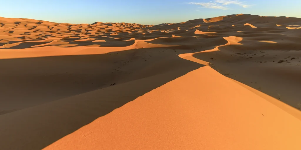 A long ridge between sunlit sand and shadow across the Erg Chebbi dunes